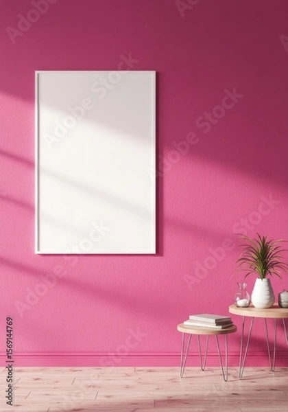 Fototapeta Photo of blank frame mockup on a pink wall in a modern interior setting