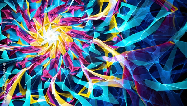 Fototapeta Abstract Swirling Pattern Vivid Cyan Pink Yellow Gold Hues Geometric Shapes Intertwined Lines Dynamic Energy Vibrant Colors Digital Art