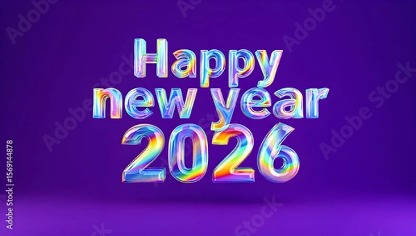 Fototapeta Happy New Year 2026 iridescent rainbow lettering vibrant purple background colorful text 3 D rendering festive holiday celebration design