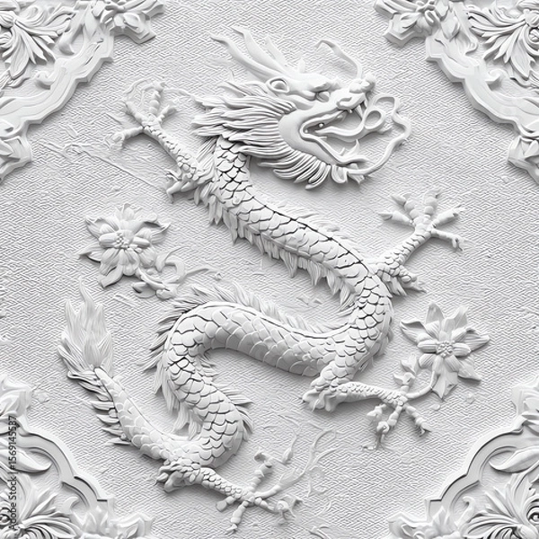 Fototapeta A white dragon with a flower on its tail