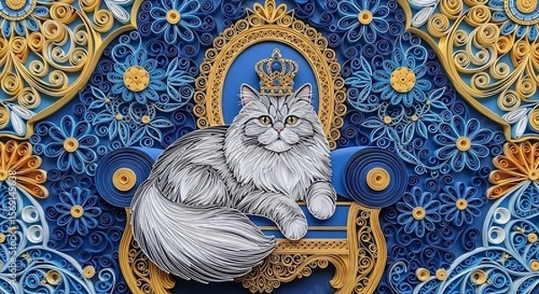 Obraz A regal long-haired cat sitting on an ornate golden throne with a crown on its head against a vibrant floral patterned background.