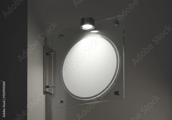Fototapeta Photo of a square glass sign with a circular cutout is mounted on the wall