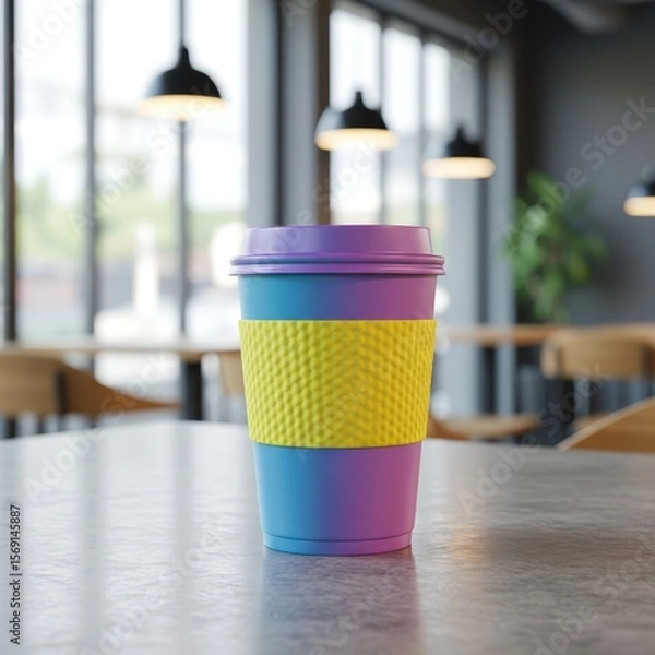 Fototapeta Photo of a colorful coffee cup sits on a table in a cafe setting