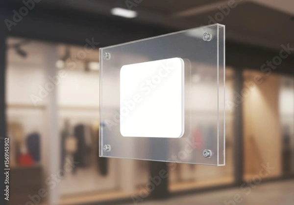 Fototapeta Photo of a clear glass sign with a square cutout hangs in front of a blurred store