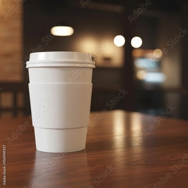 Fototapeta Photo of a white paper coffee cup sits on a wooden table in a cafe