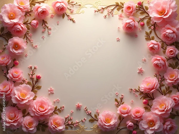 Fototapeta Delicate Pink Paper Flowers Arranged in a Frame on a Beige Background Elegant Floral Border Design with Intricate Details and a Soft Romantic Aesthetic