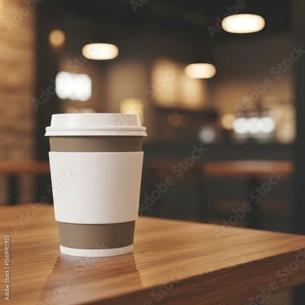 Fototapeta Photo of a paper coffee cup with a white sleeve sits on a wooden table in a cafe