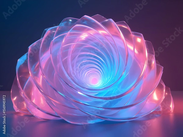Fototapeta Abstract 3 D Background Featuring a Pink and Blue Glass Spiral Tunnel Structure with a Glowing Inner Light Source Creating a Futuristic and Dreamlike Atmosphere