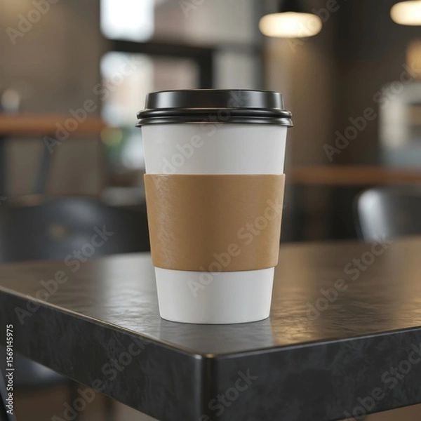 Fototapeta Photo of a paper coffee cup with a brown sleeve on a dark table