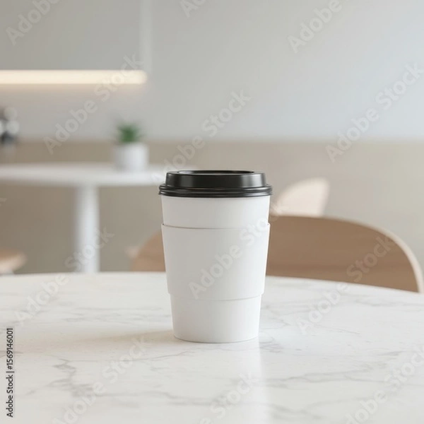 Fototapeta Photo of a white paper coffee cup sits on a marble table in a cafe