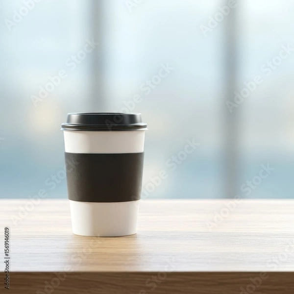 Fototapeta Photo of a paper coffee cup with a black lid rests on a wooden table near a window