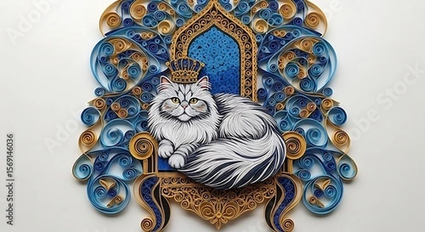 Obraz A white cat wearing a crown is sitting on an ornate blue and gold throne.