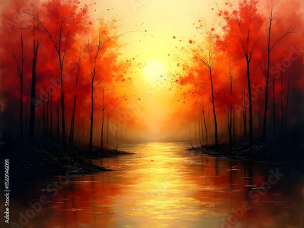 Fototapeta Abstract Autumnal Landscape Painting Vibrant Red Trees Golden Sunset Calm River Water Reflection Impressionistic Style