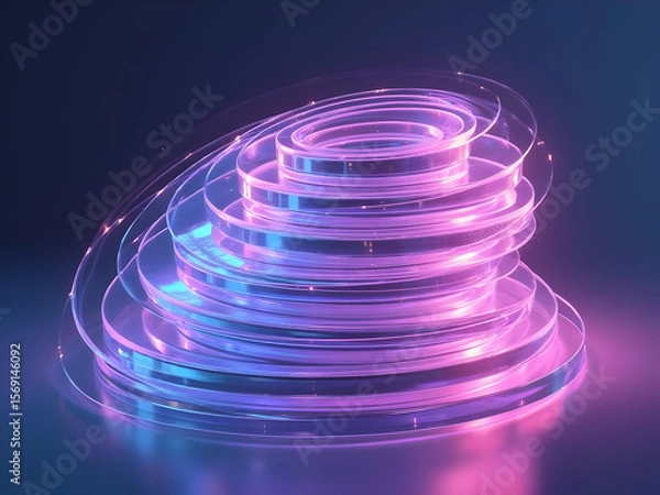 Fototapeta Abstract 3 D Background Featuring Stacked Translucent Circular Glass Platforms Illuminated by Vibrant Pink and Blue Neon Lights Creating a Futuristic and Dynamic Composition