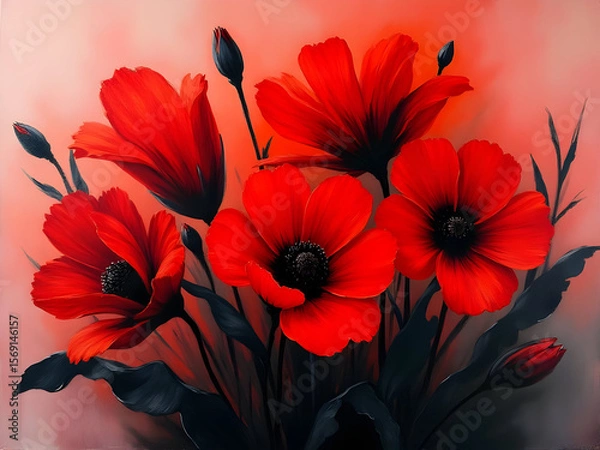 Fototapeta Vivid Red Poppy Flower Abstract Painting Dark Leafy Greens Soft Peach Background Bold Color Palette Intense Red Hues Floral Art