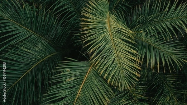 Fototapeta Surface of green tropical palm leaves natural outdoor background textu