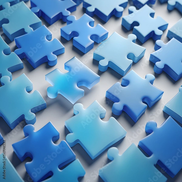Fototapeta Scattered Light Blue Glass Puzzle Pieces on a White Surface One Piece Slightly Lighter in Color Than Others Creating a Pattern of Interlocking Shapes