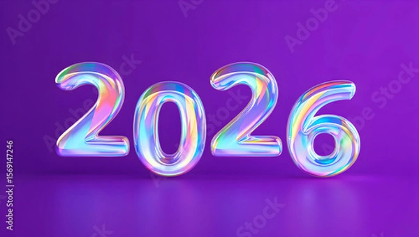 Fototapeta Iridescent Holographic 2026 Number Balloons on Purple Background New Year Celebration Design Element
