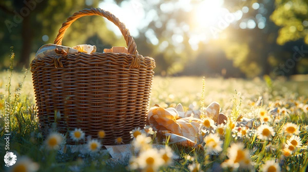 Fototapeta A summer picnic basket with flowers and fruit rests on the grass in a meadow
