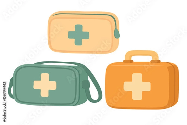 Fototapeta Cartoon set of three first aid kits in flat style. Colorful vector illustration for medical use.