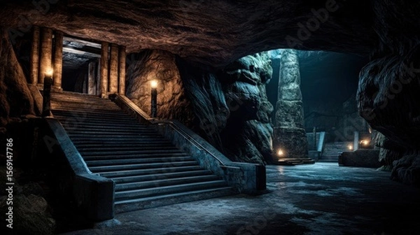 Obraz Exploring an ancient underground temple mysterious cave 3d render dark environment dramatic lighting