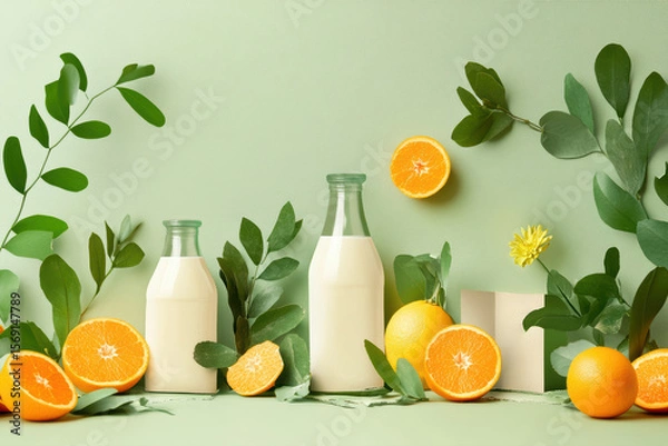 Fototapeta Refreshing citrus and milk composition with bright green foliage on pastel background, evoking natural vitality and modern minimalism