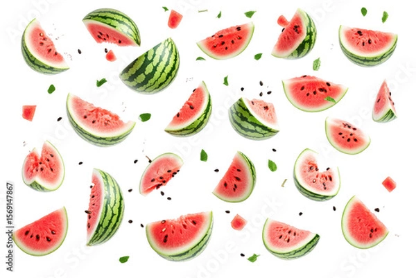 Fototapeta Watermelon Summer Splash: Juicy watermelon slices and seeds suspended in mid-air, creating a vibrant and refreshing summer scene.