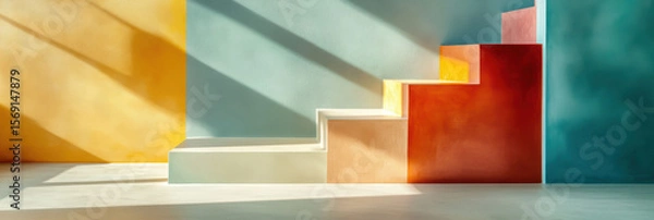 Fototapeta Color-blocked minimalist staircase composition with bold shadows and vibrant wall hues