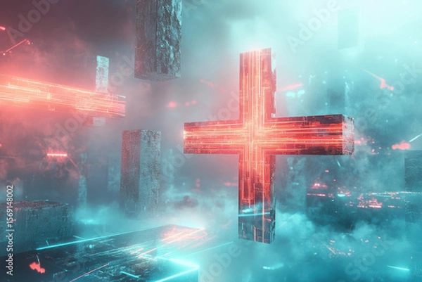 Fototapeta A glowing digital red cross hovers in a surreal, fog-filled environment of brutalist concrete blocks. Electric circuits pulse through the symbol, merging cybernetics with architectural mass.