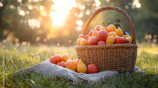 Fototapeta A wicker picnic basket with fresh red apples and other healthy fruits