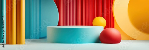 Fototapeta  vibrant 3D scene with a large blue podium surrounded by colorful geometric shapes and vertical panels. Bold hues of red, yellow, and aqua create a playful modern backdrop.