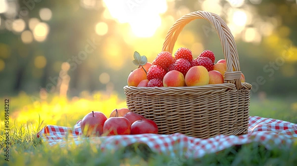 Fototapeta A vibrant bushel of red and green apples sits in a woven basket