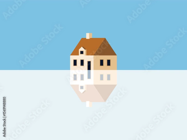 Fototapeta Minimalist House Illustration with Reflection on River.