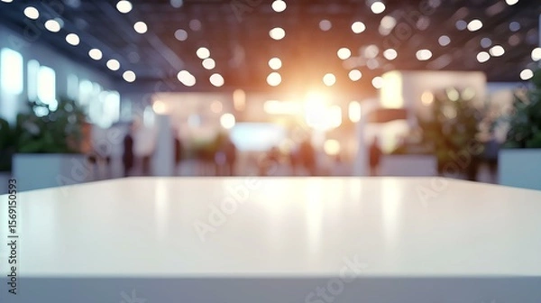Fototapeta Blurred Expo with Counter: An inviting blurred image featuring a counter at a modern expo, with soft lighting and people in the background, perfect for showcasing products or services.