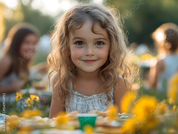 Fototapeta Smiling little girl with her family playing in the park on a sunny summer day