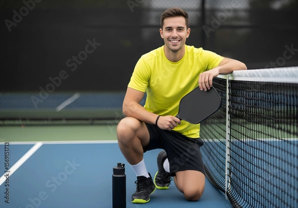 Fototapeta Fit Young Man Holding Pickleball Paddle Smiling at Net with Copy Space