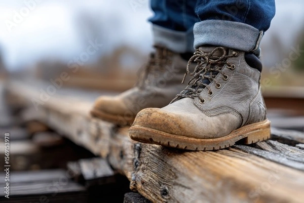 Fototapeta A person is standing on a wooden platform with their feet on a train track
