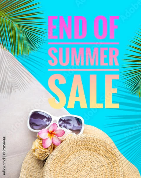 Obraz End of summer sale banner with jute hat and sunglasses on blue background, summer promotion poster background idea