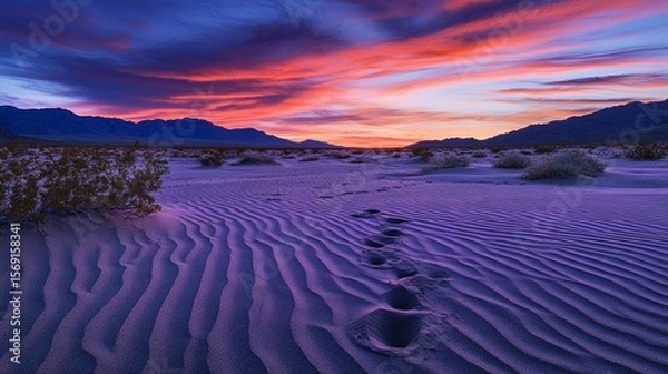 Fototapeta Sand ripples and footprints on a desert landscape at dusk.
