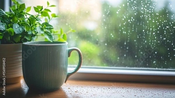 Fototapeta Cozy mug on windowsill with raindrops outside.