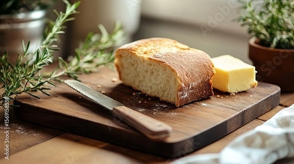 Fototapeta Cutting board with bread and butter knife.