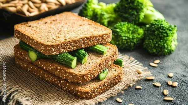 Fototapeta healthy meal with green veggies and whole wheat bread.