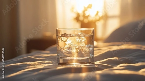 Fototapeta Glass of water on bedside table with sunlight.
