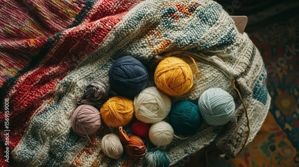 Fototapeta Flatlay of knitting materials on blanket.
