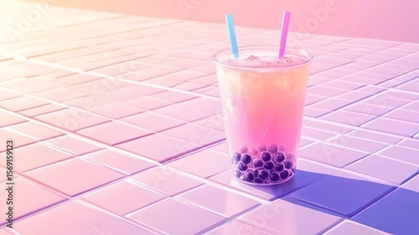 Fototapeta Bubble tea with colorful straws on tiled caf table.