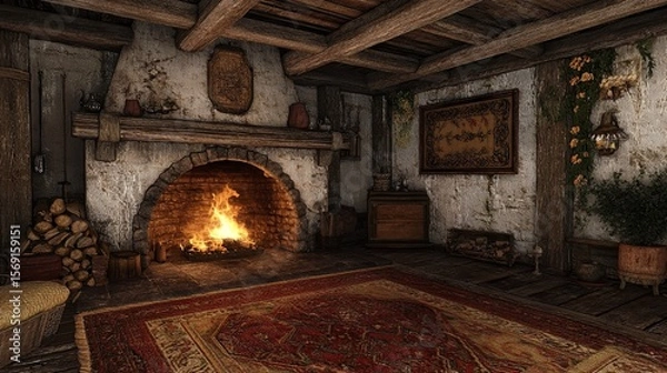 Fototapeta A cozy fireplace with crackling flames and a rustic mantle.