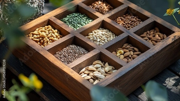 Fototapeta organic seeds and nuts in a wooden container.