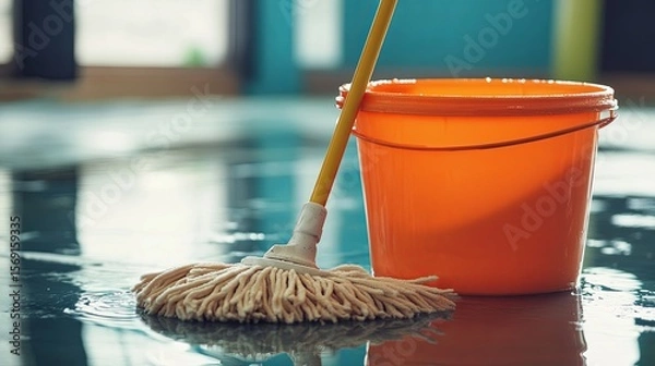 Fototapeta bucket with mop, wet floor reflections.