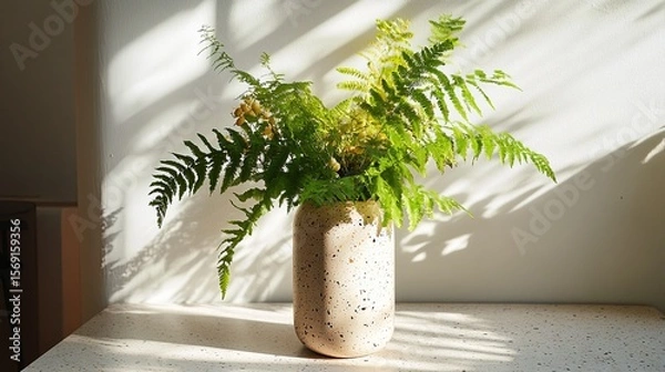 Fototapeta Ferns in tall vase, terrazzo table, daylight streaming in.