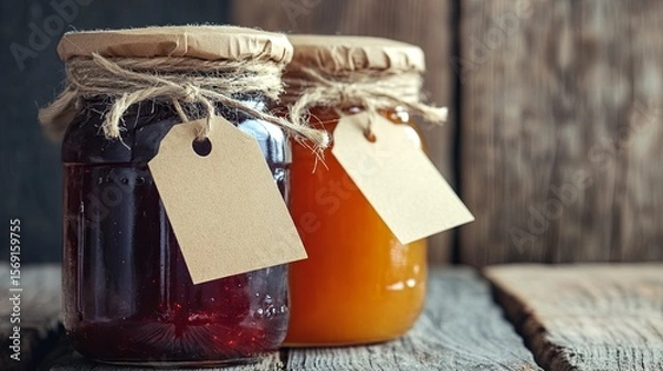 Fototapeta Mason jars with preserves and kraft tags.